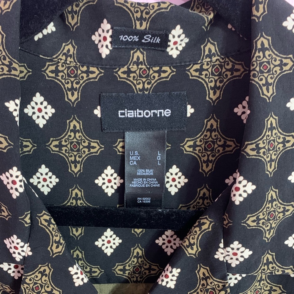 Vtg. Claiborne 100% Silk Black and Gold Geometric Button-Up Shirt - Picture 2 of 9